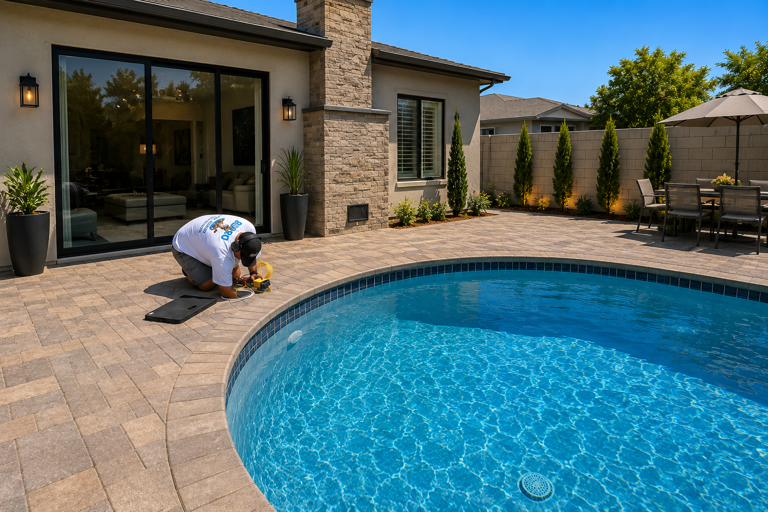 Burro Pools technician using electronic leak detection equipment at the edge of an Arizona backyard pool