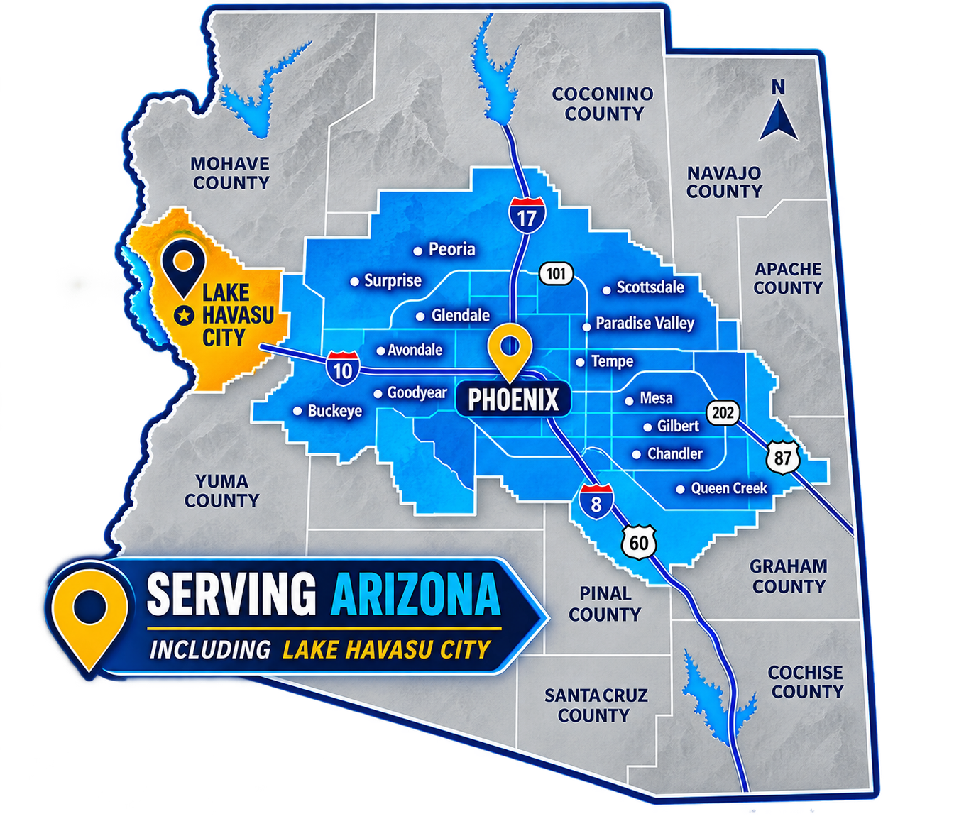 Map of Burro Pools' Arizona service area, including the Phoenix metro area and Lake Havasu City